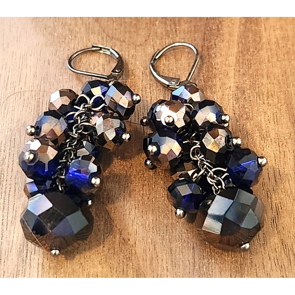 Blue Gunmetal Faceted Glass Bead Cluster Drop Leverback Statement Earrings 2"